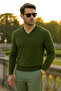 Men's Trend Casual Long V-Neck Khaki Sweater - 2
