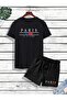 Paris Je T'aime T-shirt Shorts - Black T-Shirt with Shorts Top and Bottom Set Printed Oversize Crew Neck - 2