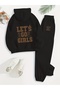 Unisex Let's Go Girls Printed Zippered Black Oversized Hooded Bottom Top Set Tracksuit Set - 3