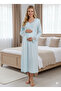 Turquoise Buttoned Lace-Trimmed Special Design %100 Cotton Maternity Nightgown - 4