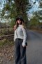Gray - Ecru Striped Knitted Cardigan - 4390 - 2