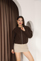 Women's New Season Trend Balloon Sleeve Elastic Bitter Brown Cashmere Bomber Jacket - 6