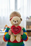 Cute Soft 35 cm Heart-Shaped Plush Teddy Bear with Red Buckle, Sleeping Companion Gift - 2