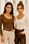 Women's 2-pack brown-cream u-neck bodycon long sleeve blouse - 6