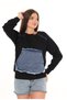Women's Black Color Three-Thread Fleece Sweatshirt Denim Detailed Oversize Pocket Model - 2