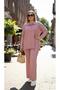 Women's Plus Size Shirt Collar Buttoned Ribbed Knit Fabric Tracksuit Set 8232-26