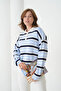 Women's Polo Neck Striped Soft Textured Oversized Knitwear Sweater - 3