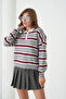 Women's Polo Neck Striped Soft Textured Oversized Knitwear Sweater - 4