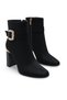 Women's Black Suede Square Toe 9.5 cm Heeled Boots – Stylish and Modern Posture with an Elegant Buckle Design.