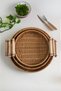 Ravena Rattan Decorative Presentation Serving Tray Set of 3 Round Tray with Wooden Handle - 8
