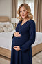 Women's Navy Blue Long-Sleeved Wrap-Neck Special Design Maternity and Postpartum Nightgown