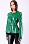 Genuine Leather Jacket with Green Belt Detail