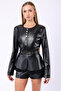 Genuine Leather Jacket with Black Belt Detail