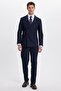 Men's Slim Fit Pointed Collar Striped Flap Pocket Navy Blue Suit
