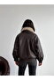 Double-Breasted Leather Coat with Fur Collar - 5
