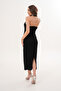 Black Pearl Detailed Halter Neck Backless Shiny Textured Slit Midi Dress - 7