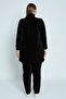 Women's Black Plus Size Long Sleeve Cotton Stone Detailed Velvet Bottom Top Tracksuit Set - 5
