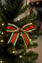 Red Green Gold Fringed Decorative Bow – Christmas Tree Ornament 5-Pack