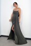 Women's Strazlez Bat Collar Lined Stone Embroidered Front D Draped Long Dress with Handkerchief