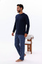Men's Navy Blue-Turquoise Plaid Printed Cotton Knitted Long Sleeve Pajama Set with Pockets - 6