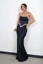 Women's Strapless Transparent Strap Lined Shiny Stone Detailed Satin Long Dress with Draped Flared Skirts on the Front - 3