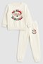 2026 New Year Santa Claus Christmas Printed Crew Neck Ecru Children's Tracksuit Bottom Top Set