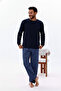 Men's Navy Blue-Turquoise Plaid Printed Cotton Knitted Long Sleeve Pajama Set with Pockets - 3