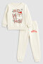 2026 New Year Santa Claus Christmas Printed Crew Neck Ecru Children's Tracksuit Bottom Top Set