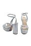 Stone Detailed Platform Heeled Ankle Strap Shoes Z556 Silver Satin White + Crystal - 5