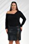 122072 Women's Plus Size Zippered Faux Leather Skirt Black - 2