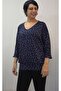 Navy Blue Polka Dot V-Neck Batwing Three-Quarter Sleeve Skirt Cuffed Combed Viscose T-Shirt - 2