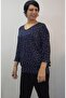 Navy Blue Polka Dot V-Neck Batwing Three-Quarter Sleeve Skirt Cuffed Combed Viscose T-Shirt - 5