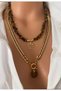 Two Necklaces Natural Stone Coffee Tiger's Eye Stone and Gold Steel Chain Sailor Lock Double Women's Necklace Set in Gift Box - 3
