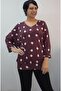 Burgundy Polka Dot V-Neck Batwing Three-Quarter Sleeve Combed Viscose T-Shirt - 5