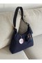 Suede Dark Blue Women's Shoulder Bag with Hooks, Buckle Details and Small Wallet En34 Boy22 - 4