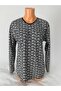Women's Black Floral Patterned U-Neck Long Sleeve Side Slit Suede Mother Combed Cotton T-Shirt