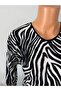 Women's Black and White Patterned U-Neck Long Sleeve Side Slit Suede Mother Combed Cotton T-Shirt - 2