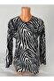 Women's Black and White Patterned U-Neck Long Sleeve Side Slit Suede Mother Combed Cotton T-Shirt