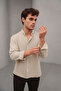 Summer Linen Textured Long Sleeve Cream/Beige Half Oversized Men's Shirt - 6