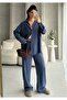 Women's Navy Blue Metal Button Detailed Flowy Silky Modal Top and Bottom Set