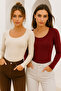 Women's 2-Pack Cream-Burgundy U-Neck Bodycon Long Sleeve Blouse - 4