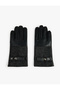 Faux Leather Gloves with Snap Buttons and Herringbone Pattern Fabric Detail