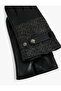 Faux Leather Gloves with Snap Buttons and Herringbone Pattern Fabric Detail - 3