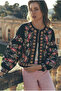Women's Black Balloon Sleeve Embroidered Cotton Jacket - 2