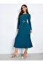 Teal Embellished Buckle A-Line Midi Dress
