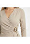 Women's Stone Color Buckled Ruched Detail Long Sleeve Interlock Fabric Blouse - 3