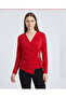 Women's Red V-Neck Gathered Buckle Long Sleeve Interlock Fabric Blouse - 4
