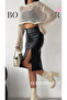 Women's High Waist Leather Pencil Skirt - Elastic Waist Slit (Cotton Interlining Coated Inside)
