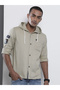 Men Khaki Hooded Shirt with Badge Detail - 6