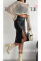 Women's High Waist Leather Pencil Skirt - Elastic Waist Slit (Cotton Interlining Coated Inside) - 5